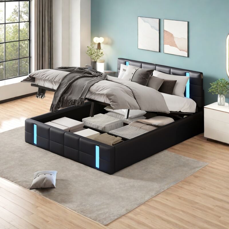 Lit 2 Personnes 160x200 avec sommier led et USB,lit coffre avec tête de lit et rangement sous lit,cadre de lit 160x200 avec sommier à lattes,lit