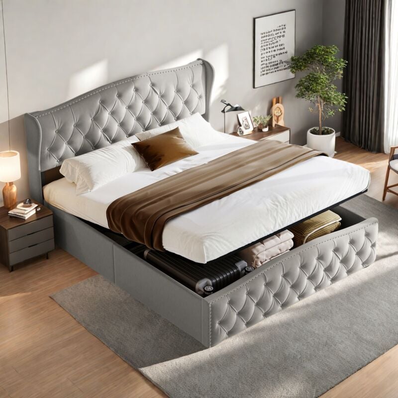 Lit 2 Personnes 160x200 avec tête de lit et sommier,Lit double capitonné avec rangement,Cadre de lit 160x200 avec sommier à lattes,velours,lit