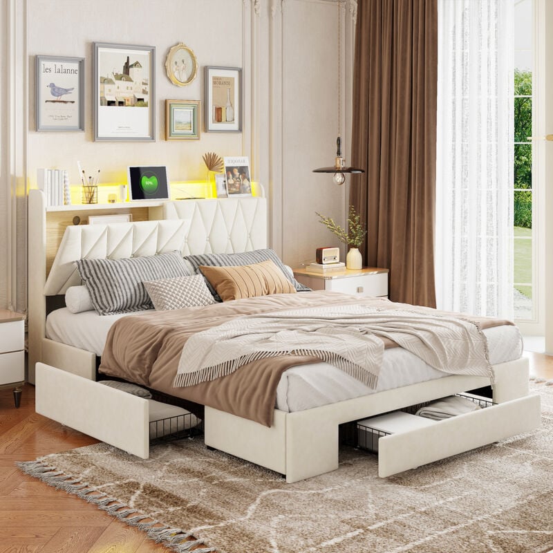 Lit 2 Personnes 140x200 cm avec tête de lit et tiroirs, lit double rembourré avec led et ports usb, 3 tiroirs, cadre de lit avec sommier à lattes,