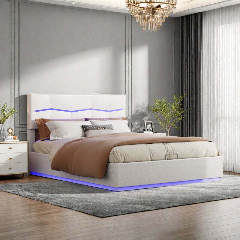 Lit 2 Personnes 140 x 200 avec tête de lit et sommier,lit double rembourré avec led et ports USB,cadre de lit 140x200 avec sommier,sommier à