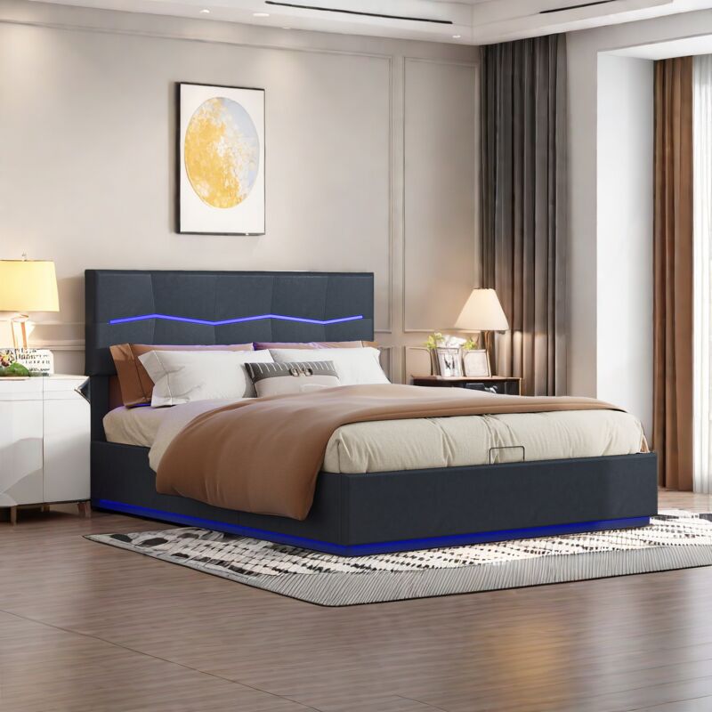 Lit 2 Personnes 160 x 200 avec tête de lit et sommier,lit double rembourré avec led et ports USB,cadre de lit 160x200 avec sommier,sommier à