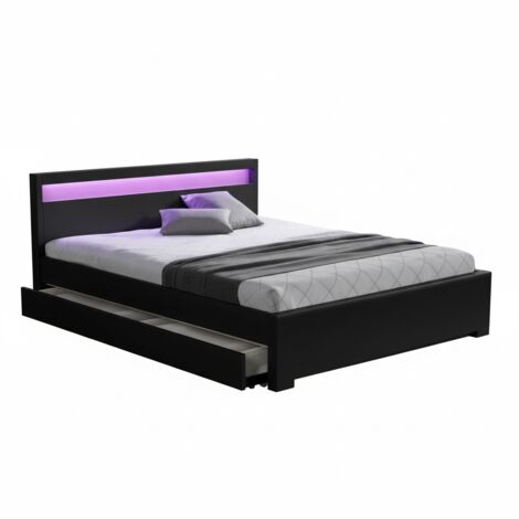 Homy France – Lit adulte 140x190 cm avec 4 tiroirs et tête de lit LED – Simili cuir noir – Sommier inclus – Télécommande pour éclairage