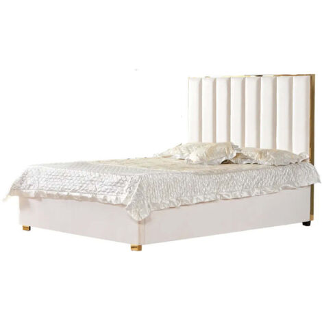 Homy France – Lit 2 places 140x190 cm en velours beige – Tête de lit capitonnée – Cadre design doré – Sommier inclus