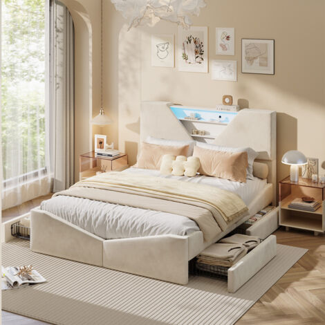 Lit 2 Places 160x200cm avec 4 Tiroirs, Lit Capitonné avec Éclairage LED et port USB, Tête de Lit avec Rangement Ouvert, Sommier à Lattes, Velours, Blanc Cassée