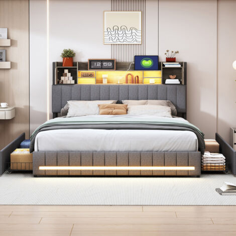 Lit 2 Places 160x200cm, Lit Rembourré 160x200 avec LED et USB, Tete de Lit avec Rangement, Lit 2 Personnes avec 4 Tiroirs Coulissants, Lit pour Adolescent avec Sommier à Lattes, Lin, Gris