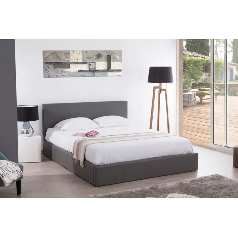 Homy France - Lit 2 places coffre bastien Gris 140x190 + sommier coffre intégré - Gris