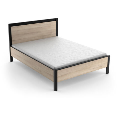 Lit 2 places couchage 140x190 couleur chêne / noir - Largeur 146,3 x Profondeur 198 x Hauteur 96,6 cm