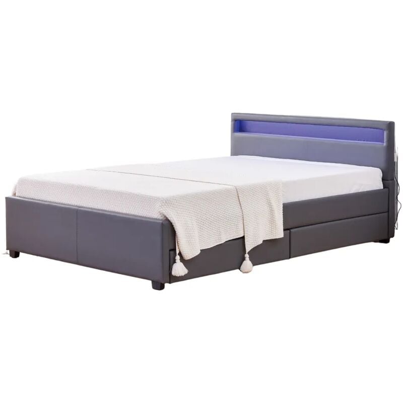 Lit adulte 160x200 cm tiroirs et led Gris sommier inclus