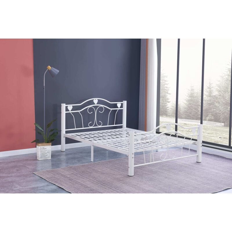 Homy France - Lit 2 places 160x200 cm Métal hercule Solide Blanc sommier inclus