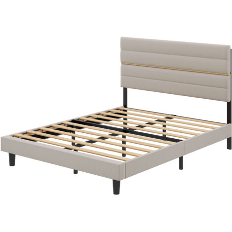 Lit 2 Places Rembourré, Cadre en Bois Massif et Métal, Tête de Lit Ajustable, Chambre Moderne, Beige