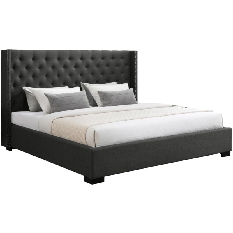 Lit 200 x 200 cm avec tête de lit capitonnée - Tissu - Gris - MASSIMO