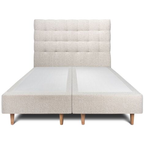 Lit 200x200cm avec tête de lit capitonnée bouclette et double sommier tapissier beige - Hauteur totale : 35cm