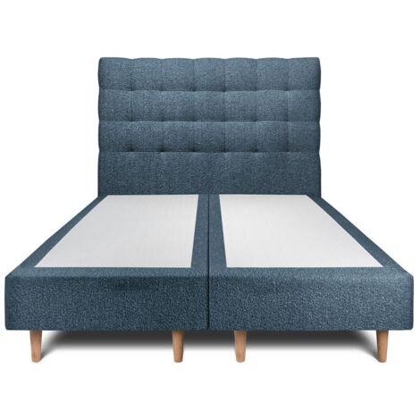 Lit 200x200cm avec tête de lit capitonnée bouclette et double sommier tapissier Bleu - Hauteur totale : 35cm