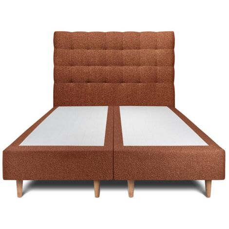 Lit 200x200cm avec tête de lit capitonnée bouclette et double sommier tapissier terracotta - Hauteur totale : 35cm