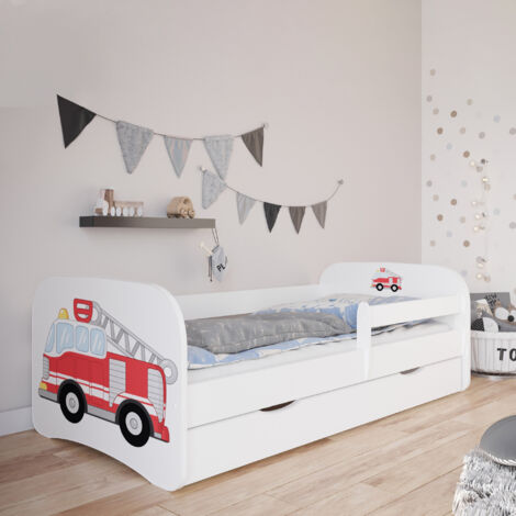 Lit 70x140 cm avec matelas et tiroir décor camion de pompier - HEROS