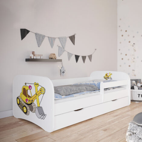 Lit 70x140 cm blanc avec matelas et tiroir décor tractopelle - HEROS