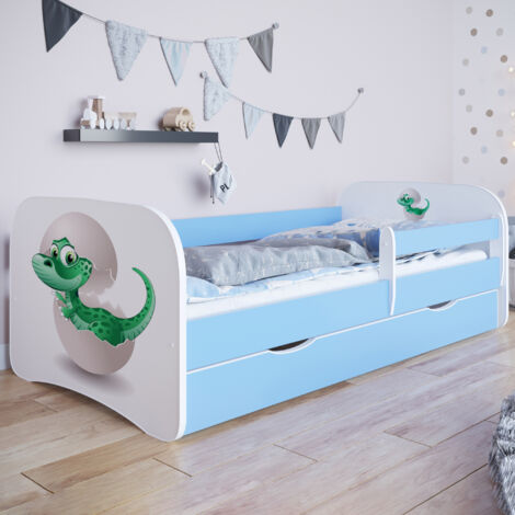 Lit 70x140 cm bleu avec matelas et tiroir décor dinosaure - HEROS