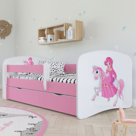 Lit 70x140 cm rose + matelas tiroir décor princesse à cheval - HEROS