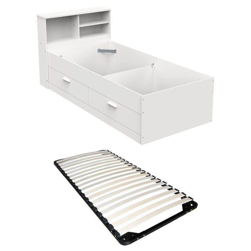 Lit 90 x 190 cm avec tiroirs et rangements - Coloris : Blanc + Sommier - BORIS II