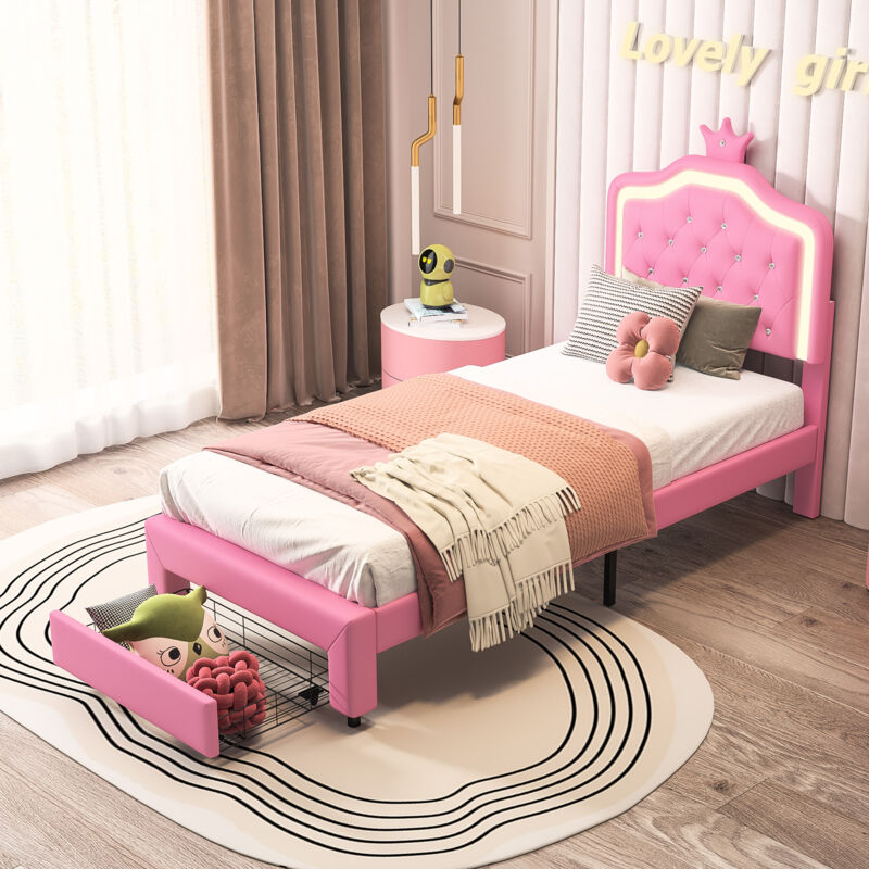 Lit 90 x 200 avec sommier, Lit enfant 90x200, Lit pour enfant avec tête de lit en forme de coquillage, LED intégrée, Rose