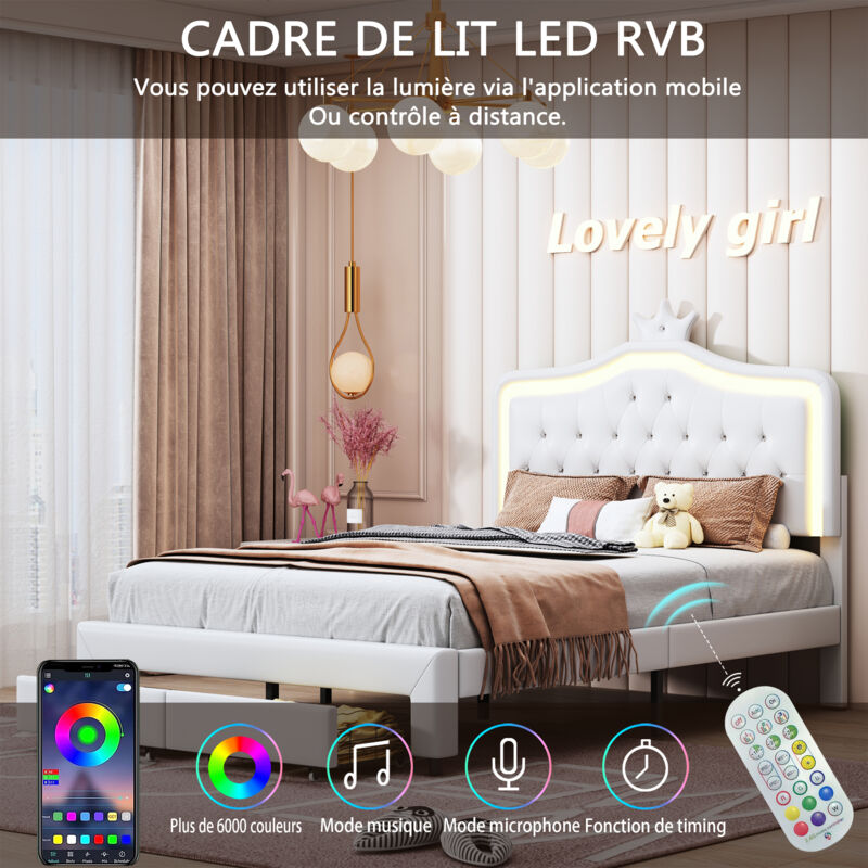 Lit 140 x 200 avec sommier, Lit deux personnes, Lit 140, Lit enfant, Lit pour enfant avec tête de lit en forme de coquillage, LED intégrée, Blanc