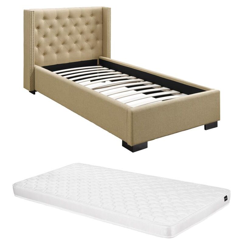 Lit 90 x 200 cm avec tête de lit capitonnée - Tissu - Beige + Matelas - massimo ii