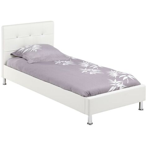 Lit 90 x 200 cm - Boutons effet diamant et simili blanc + sommier + matelas - GABIN - Blanc