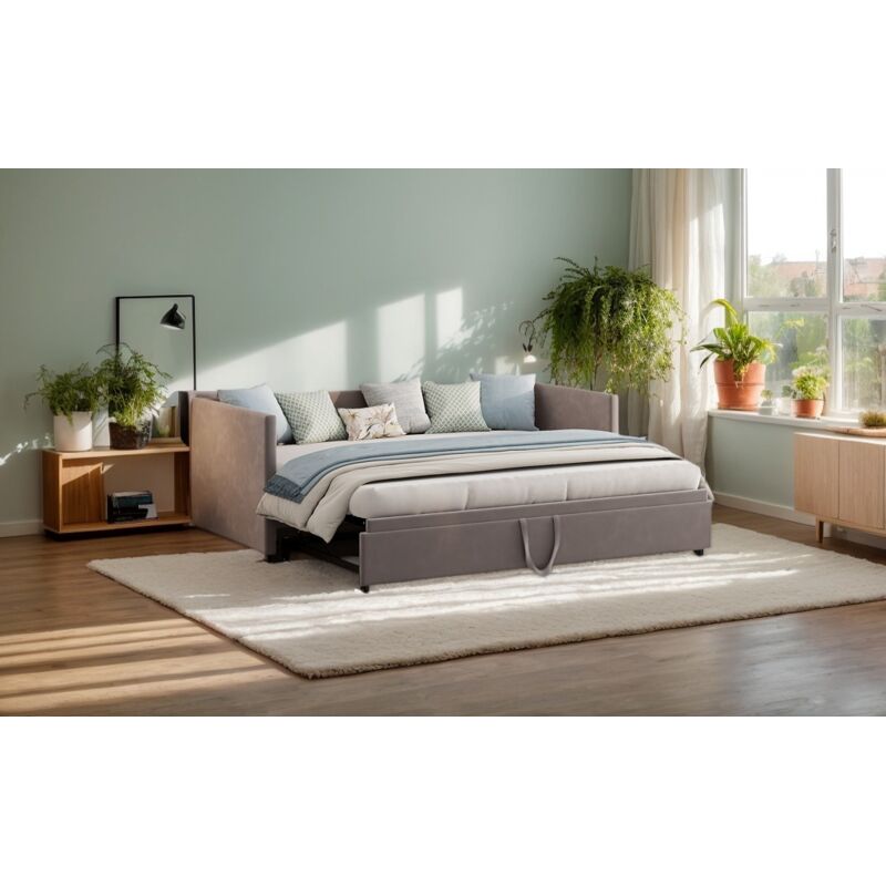 Lit 90/180x200 cm, canap-lit convertible multifonctionnel, lit escamotable gain de place en tissu velours, sommier à lattes, pour petit appartement