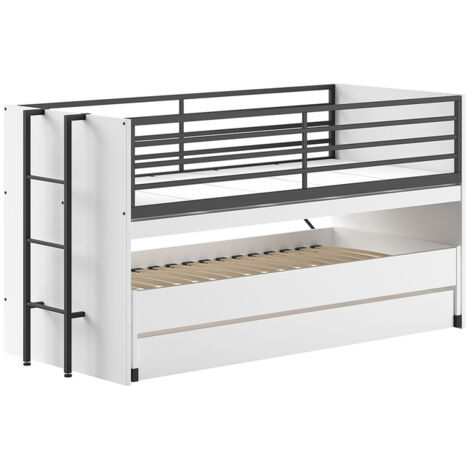Lit 90x190 cm avec 3 couchages et 1 bureau décor blanc
