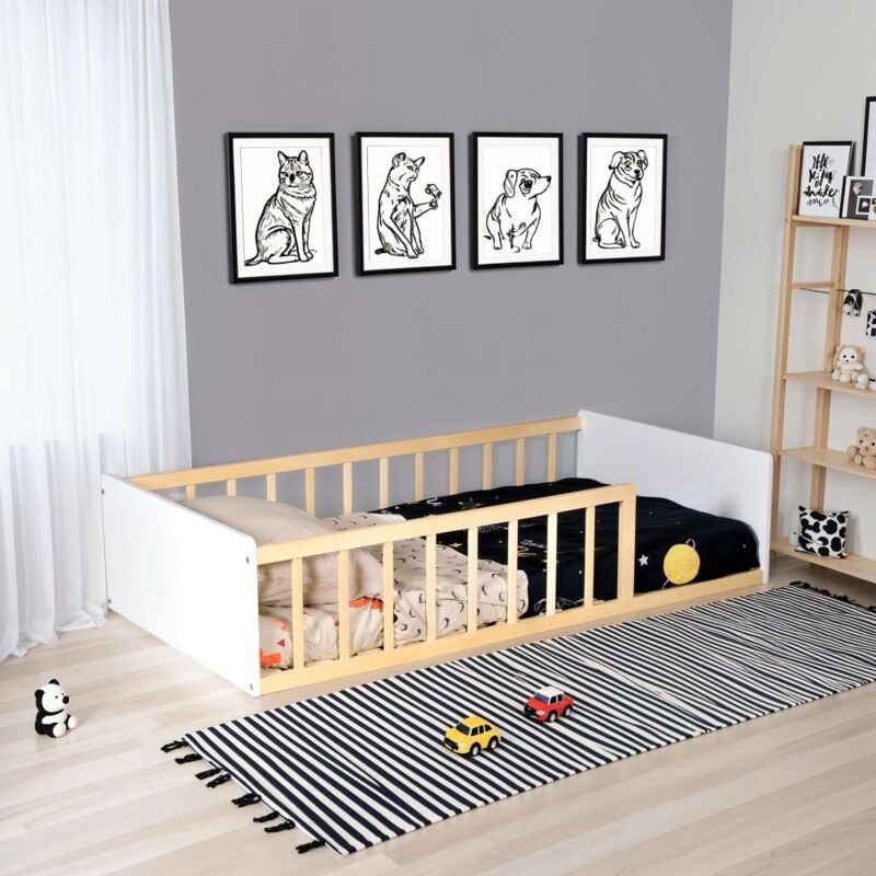 Lit 80x160 pilou avec sommier / Blanc et Naturel/