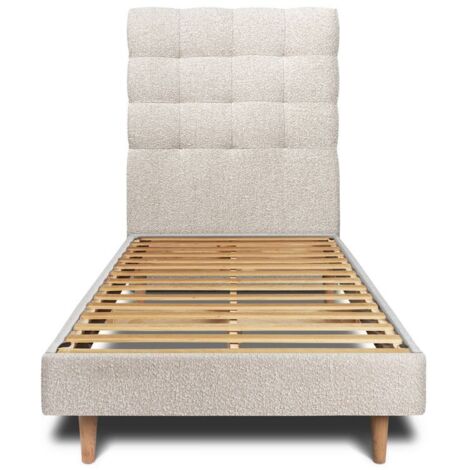 Lit 90x190cm avec tête de lit capitonnée bouclette et sommier kit Beige - Hauteur totale : 29cm