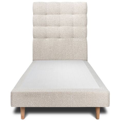 Lit 90x190cm avec tête de lit capitonnée bouclette et sommier tapissier beige - Hauteur totale : 29cm