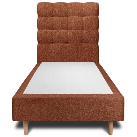Lit 90x190cm avec tête de lit capitonnée bouclette et sommier tapissier terracotta - Hauteur totale : 35cm