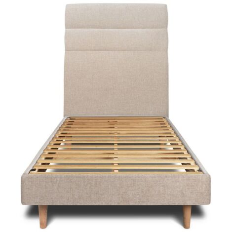 Lit 90x190cm avec tête de lit lignes tissu et sommier kit beige brun - Hauteur totale : 29cm