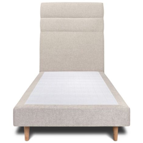 Lit 90x190cm avec tête de lit lignes tissu et sommier tapissier Beige clair - Hauteur totale : 29cm