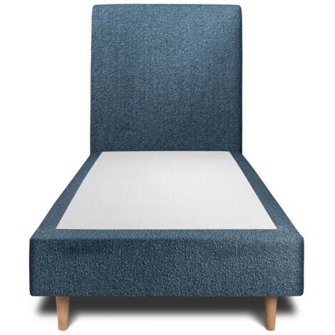 Lit 90x190cm avec tête de lit tapissier bouclette et sommier tapissier Bleu - Hauteur totale : 35cm