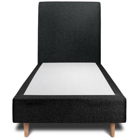 Lit 90x190cm avec tête de lit tapissier bouclette et sommier tapissier Noir - Hauteur totale : 35cm
