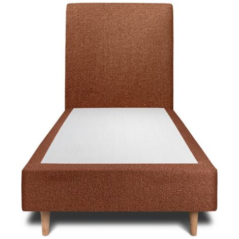 Lit 90x190cm avec tête de lit tapissier bouclette et sommier tapissier terracotta - Hauteur totale : 35cm