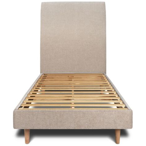 Lit 90x190cm avec tête de lit tapissier tissu et sommier kit beige brun - Hauteur totale : 29cm