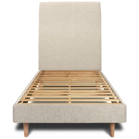 Lit 90x190cm avec tête de lit tapissier tissu et sommier kit Beige clair - Hauteur totale : 29cm