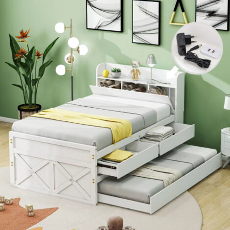 Lit 90x190cm - Lit simple -Lit Gigogne - avec prise USB - Lit jeune- blanc