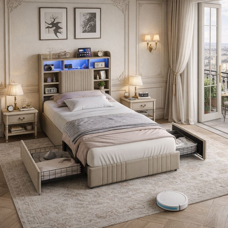 Lit 90x200 avec LED et USB, Lit 1 Personne avec 2 Tiroirs de Rangement, Lit Simple capitonné avec sommier à Lattes, Lits Une Place pour Enfant