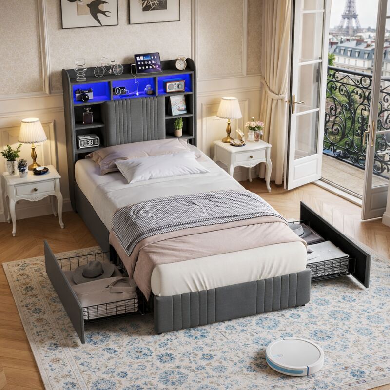 Lit 90x200 avec LED et USB, Lit 1 Personne avec 2 Tiroirs de Rangement, Lit Simple capitonné avec sommier à Lattes, Lits Une Place pour Enfant
