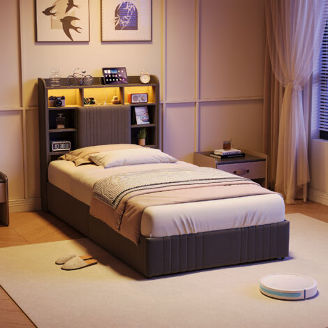 Lit 90x200 avec tiroirs,lit simple 90x200,avec LED réglable et chargement USB,2 tiroirs,tissu en lin,gris