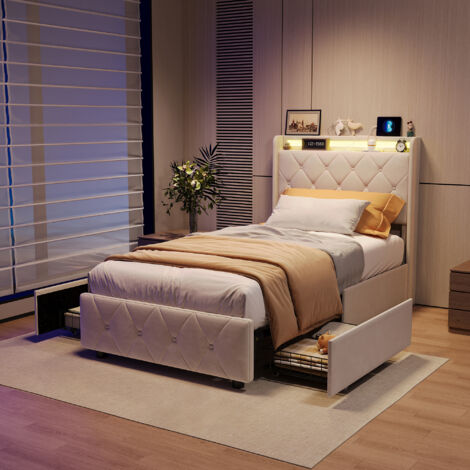Lit 90x200 avec tiroirs,lit simple 90x200,avec LED réglable et chargement USB,2 tiroirs,tissu en velours,beige