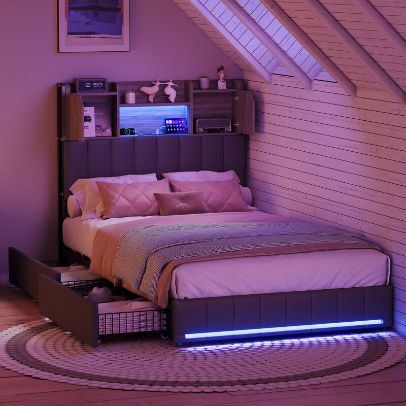 Lit 90x200 avec tiroirs,lit simple,avec LED réglable et chargement USB,2 tiroirs,tissu en lin,gris