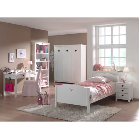 Lit 90x200 - Chevet 3 tiroirs - Armoire 3 portes - Bureau et Bibliothèque Vipack Amori - Blanc