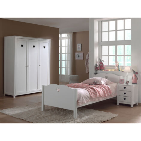 Lit 90x200 - Chevet 3 tiroirs et Armoire 3 portes Vipack Amori - Blanc