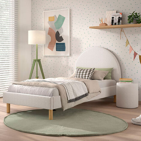 Lit 90x200 cm avec 1 chevet en tissu bouclé blanc - LUNA