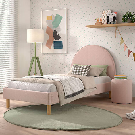 Lit 90x200 cm avec 1 chevet en tissu bouclé rose clair - LUNA